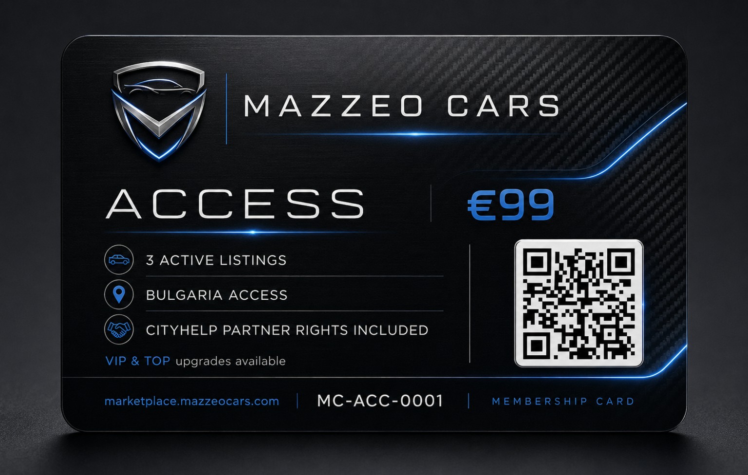 Official MAZZEO CARS ACCESS membership card — €99, 3 active listings