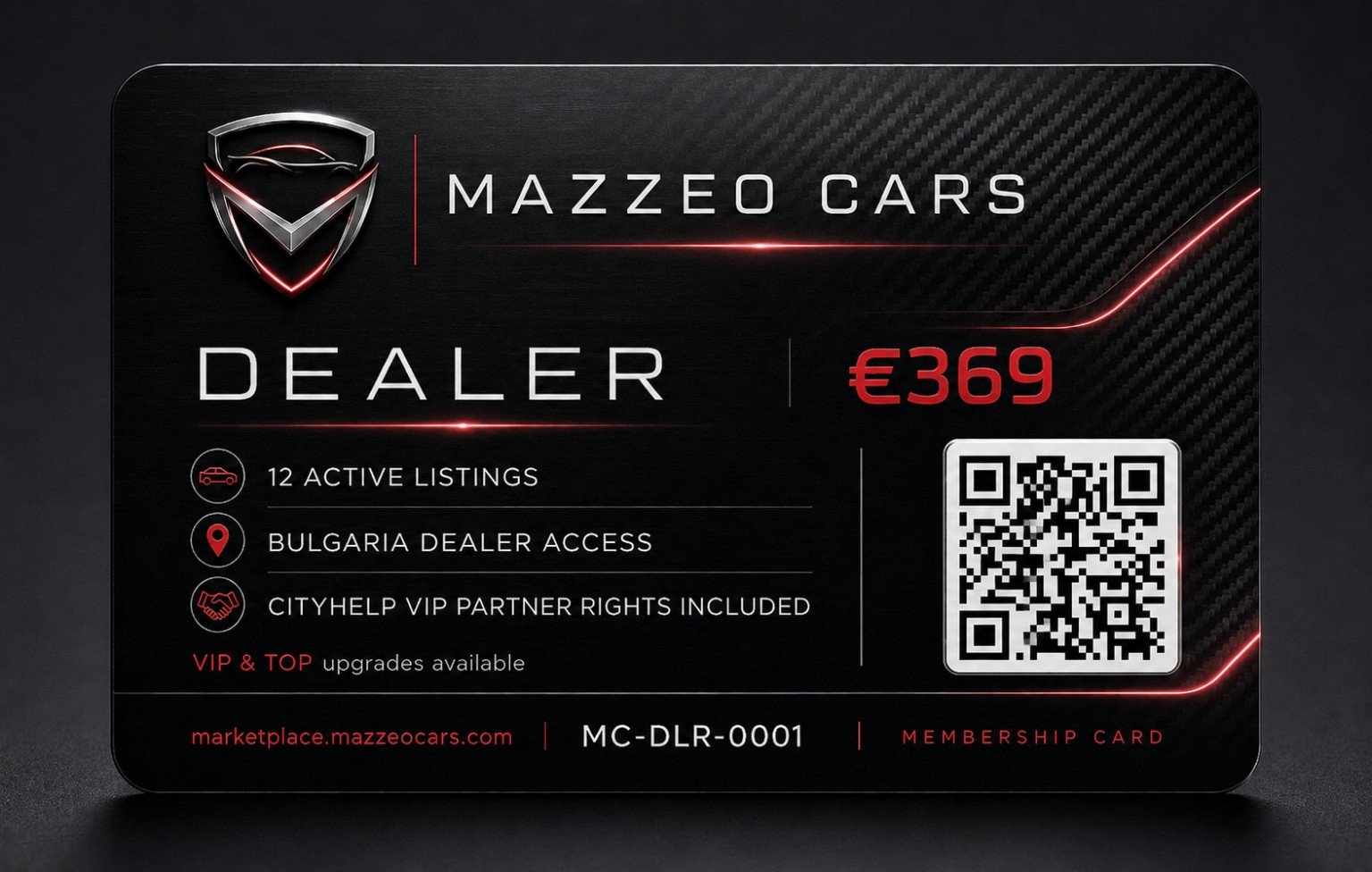 Official MAZZEO CARS DEALER membership card — €369, 12 active listings