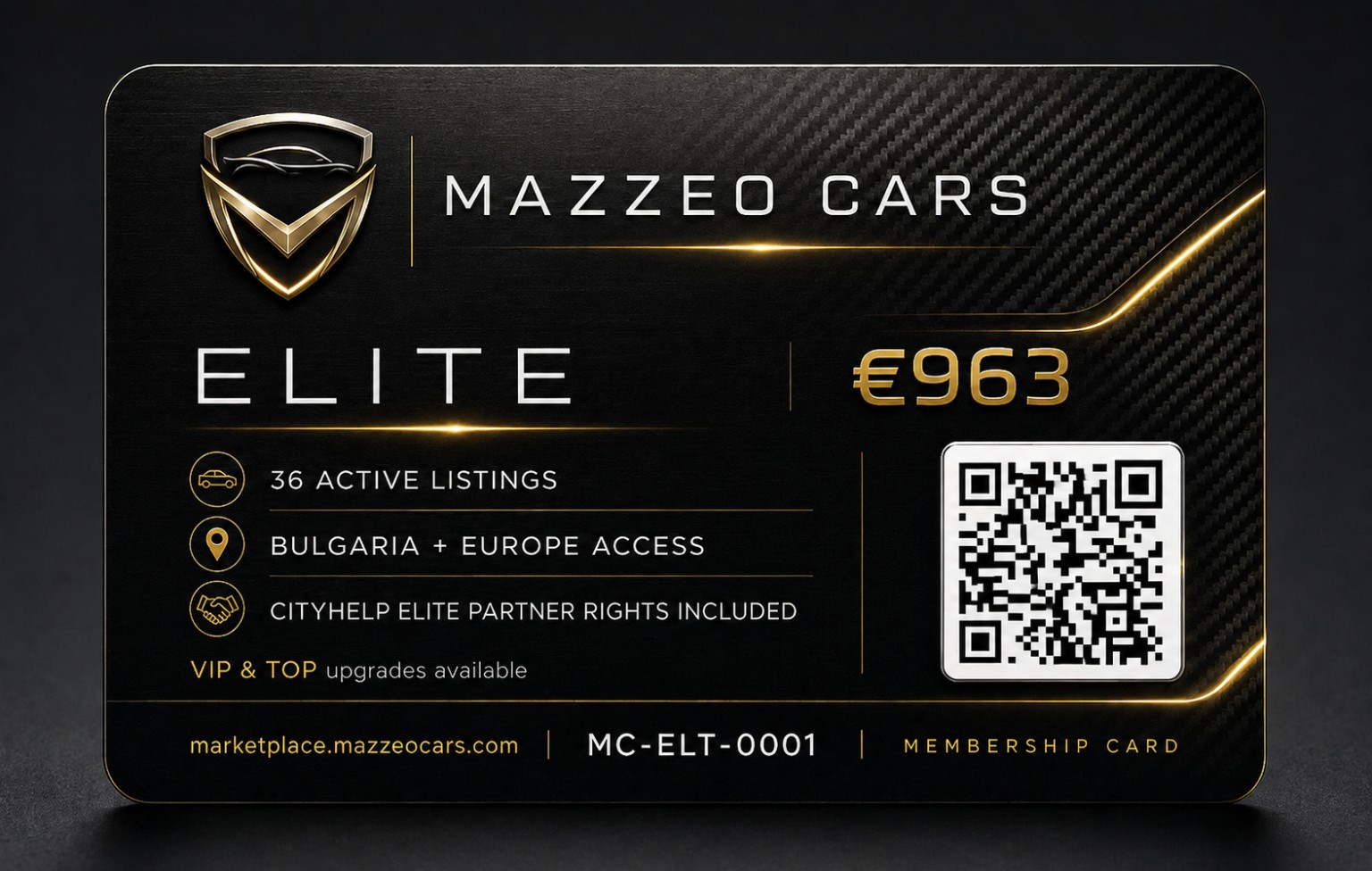 Official MAZZEO CARS ELITE membership card — €963, 36 active listings